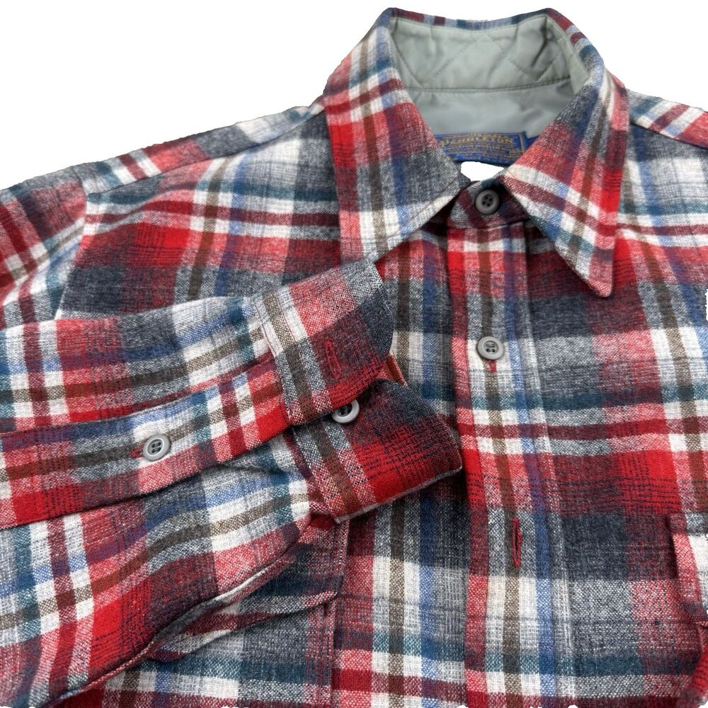 VTG PENDLETON 70s 100% Virgin Wool Red Plaid Shirt Men's 15 1/2 Long USA Made